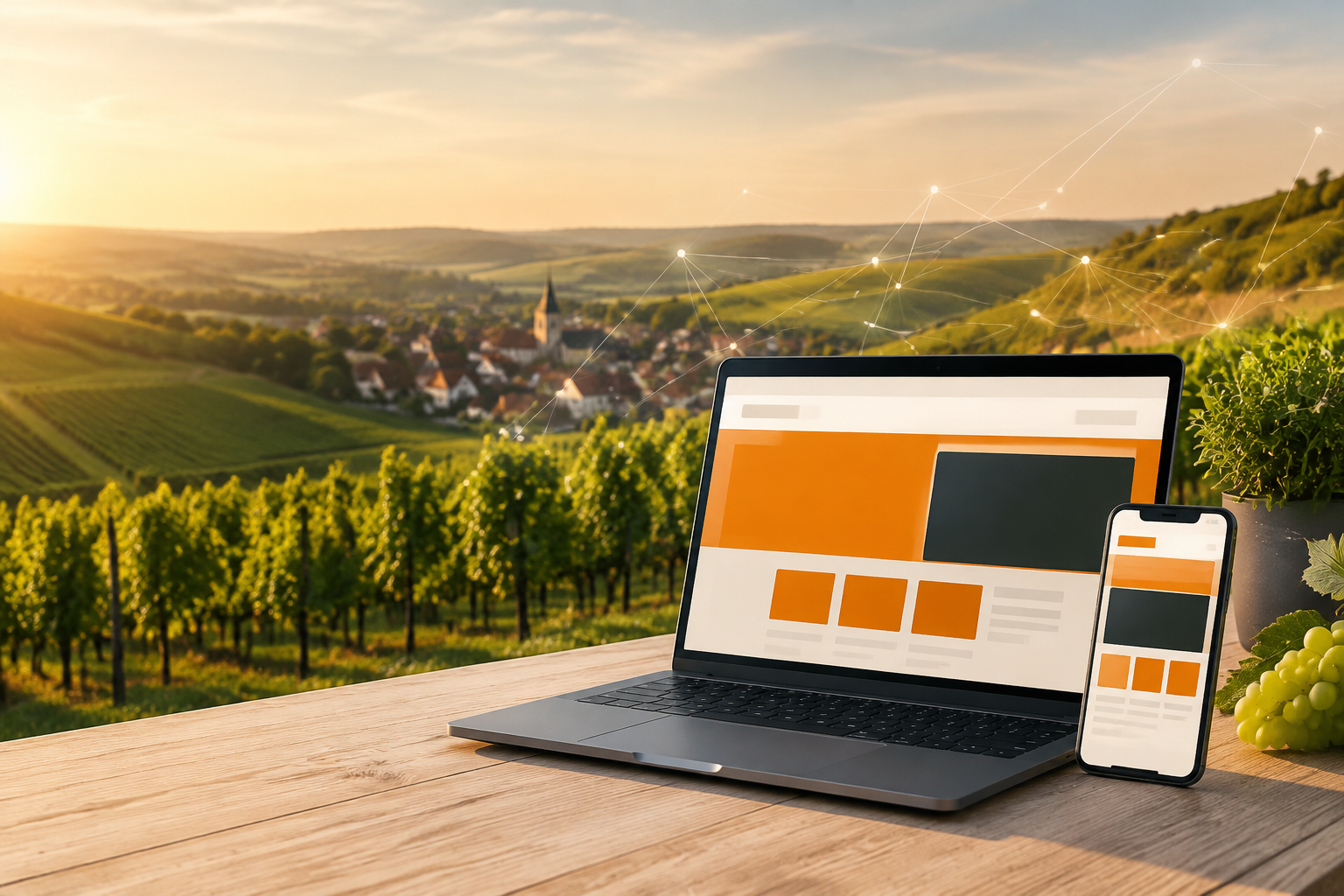Laptop und Smartphone vor einer Weinlandschaft als Symbol für die neue Website